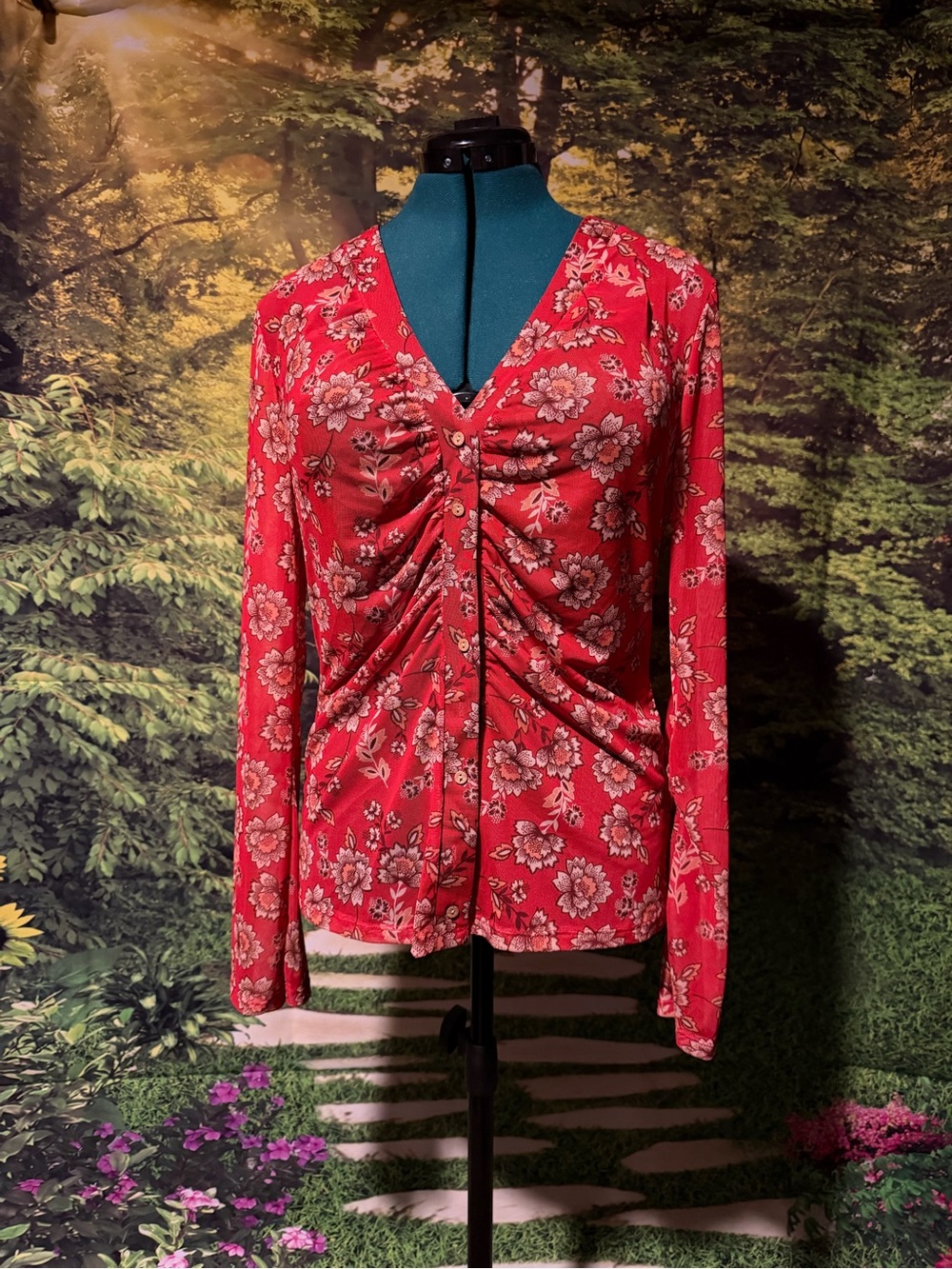 SHEIN Red Floral Ruched V-Neck Blouse